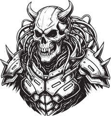 Cybernetic Skull Warrior with Horns and Mechanical Armor Digital Illustration Art Design