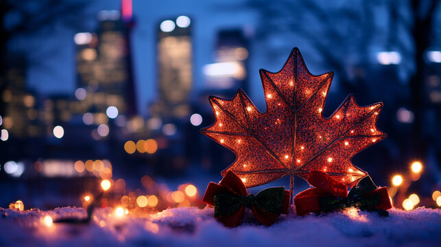Bright maple leaf decoration shines against a winter city backdrop during festive celebrations at twilight