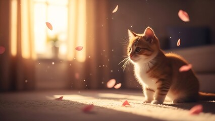 “soft close-up of sleeping cat with floating pink petals, dreamy warm tones, peaceful commercial pet stock image aesthetic