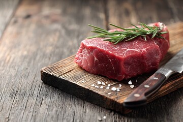 Raw beef steak on butcher block with knife beside
