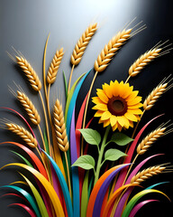 Naklejka premium Golden wheat background with Sunflower 