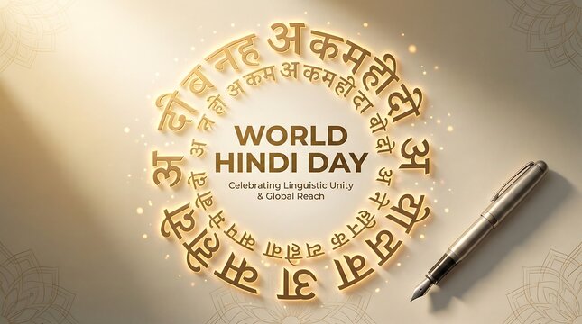 World hindi day celebration with devanagari script and pen
