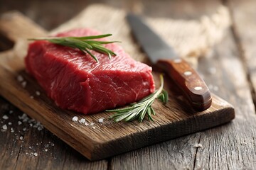 Raw beef steak on butcher block with knife beside