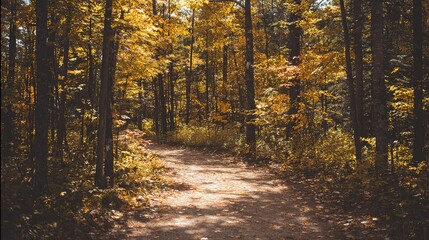 Obraz premium narrow. Narrow forest path with autumn leaves and dappled sunlight. representing seasonal cycles and harvest abundance, travel magazines, designed for travel destination branding.