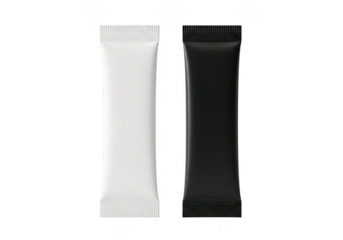Two long stick sachets one white and one black isolated on transparent background