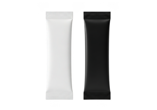 Two long stick sachets one white and one black isolated on transparent background