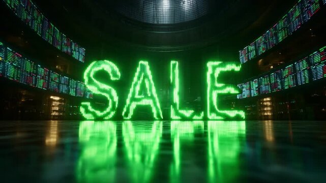 A vibrant display of green LED lights forming the word 'SALE' in a financial setting, highlighting significant price reductions and enticing customers within the trading environment.