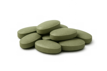 Green oval pills forming a heap, representing health, diet, and natural supplements on a transparent background