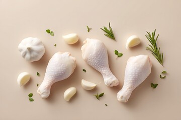 Raw chicken drumsticks arranged with garlic and herbs