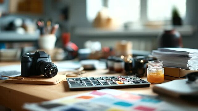 Overhead view of complete designer workstation no faces visible full workspace creative setup professional desk design environment equipment array work station desk surface