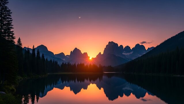 Serene Sunset Reflection over Mountain Lake - A Breathtaking Landscape.