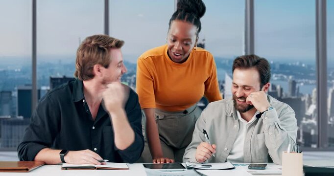 Business, people and meeting with tablet in office for discussion, review article and manuscript. Staff, team and talking with documents for headline feedback, proofreading story and publication post