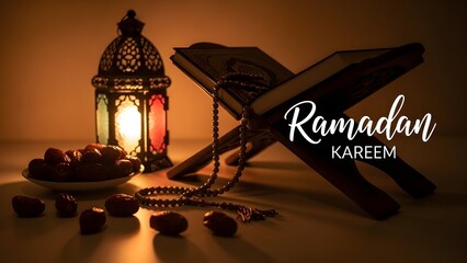 Ramadan kareem greeting with a traditional lantern, holy quran, prayer beads, and dates, bathed in warm light, symbolizing spiritual reflection and celebration