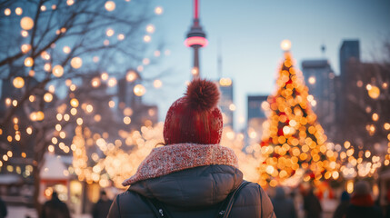 Fototapeta premium City park decorated with holiday lights and Christmas tree as people enjoy the festive atmosphere in Toronto during winter evening