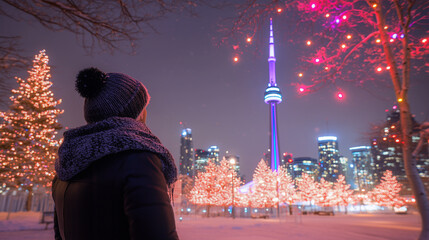 Naklejka premium Winter night view of Toronto's skyline with colorful lights and festive trees during the holiday season