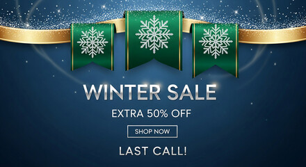 Three green flags with snowflake decoration, gold ribbon on dark blue background with shiny light, representing winter season sale, shopping offer