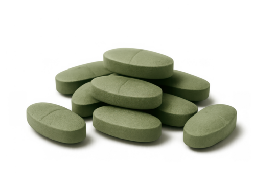 Green oval pills or tablets providing health, medicine, and nutrition, representing treatment, supplement, and healthcare on transparent background