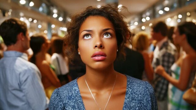 A woman experiencing emotional turmoil amidst a crowded setting, depicted in two frames showing her distress and contemplation in a bustling environment filled with people.