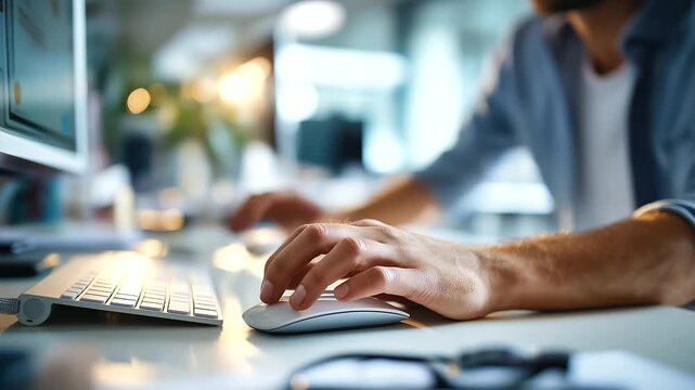 Hands using mouse to design website interface face not visible web design work UI creation website layout design process computer work mouse and screen office defocused