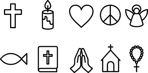 Christmas symbols icons set. Nativity, candle, star, tree, bell, angel, religious holiday outline illustrations