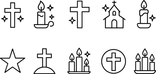 Christmas symbols icons set. Nativity, candle, star, tree, bell, angel, religious holiday outline illustrations