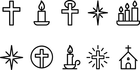 Christmas symbols icons set. Nativity, candle, star, tree, bell, angel, religious holiday outline illustrations