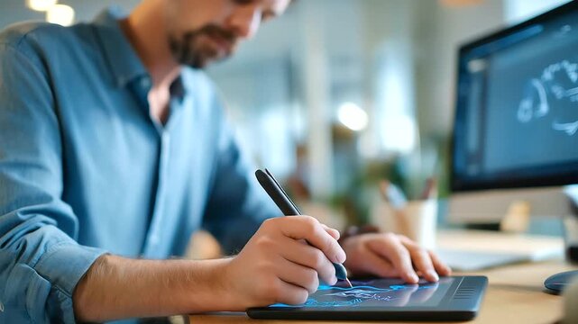 Close up of designer's hands using graphics tablet to draw logo face obscured digital art creation graphic design stylus work brand design creative occupation drawing tablet