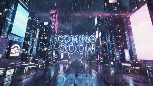Futuristic Cityscape with Coming Soon Text Displayed in Neon Lights.
