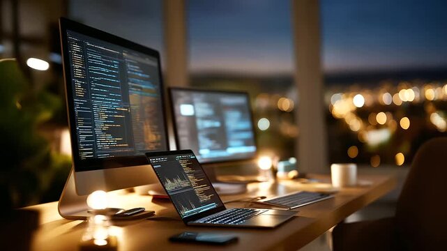 Web developer workspace with multiple monitors no people visible coding setup development environment multi screen work programming station professional workspace monitors