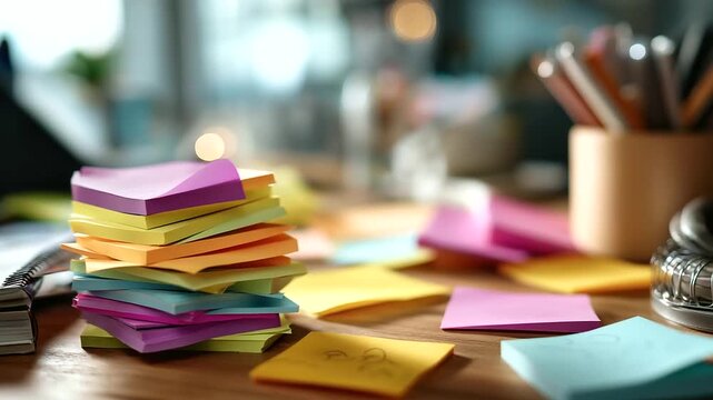 Overhead view of sticky notes and sketches no faces visible brainstorming session idea organization creative process concept mapping notes scattered planning materials desk
