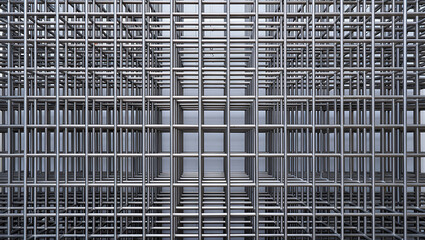 A detailed, symmetrical view of a metal grid structure, creating a sense of depth and repetition.