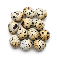 Obraz premium Aerial view of quail eggs with speckled shells, displayed on a clean white background, emphasizing their distinct forms.