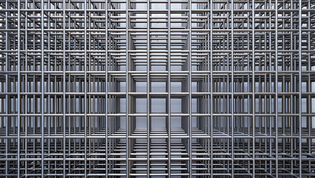 A detailed, symmetrical view of a metal grid structure, creating a sense of depth and repetition.