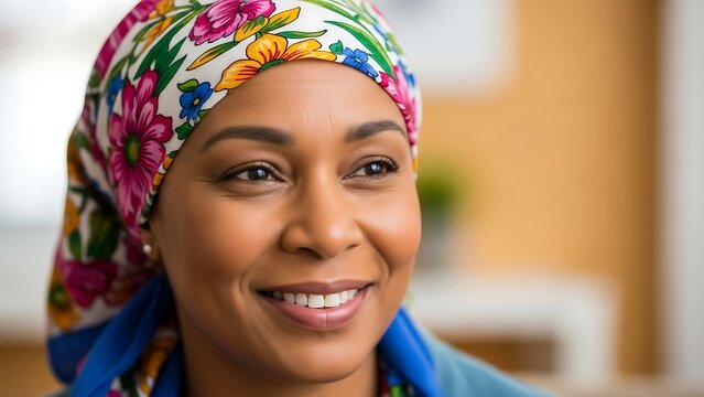 Smiling woman with floral headscarf radiates positivity and hope.