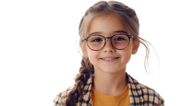 Young girl with glasses smiles warmly, showcasing her playful spirit and cheerful personality in a bright environment.
