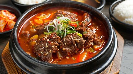 A close up of korean galbijjim in a black bowl with side dishes of kimchi and rice on a wooden surface
