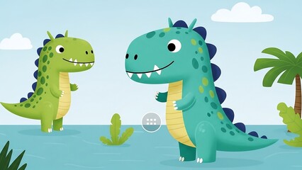 Obraz premium Two adorable cartoon dinosaurs in a prehistoric landscape illustration.