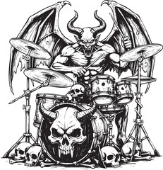 Infernal drummer illustration featuring horned demon with wings beating the drums surrounded by skulls monochrome art
