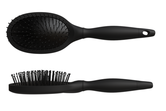 Two views of a black oval-shaped hairbrush, one from above showing bristles, the other in profile
