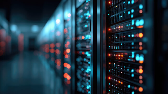 A close-up view of server racks in a data center. The servers are illuminated with blue and red lights, showcasing a modern technological environment.