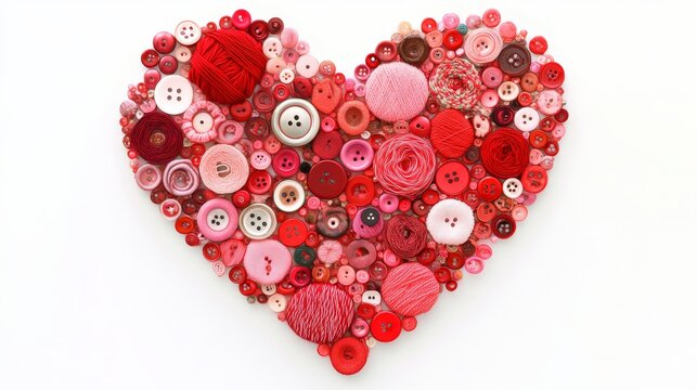 Vibrant Creative Heart Made with Various Red and Pink Textile Craft Embellishments and Buttons - Powered by Adobe