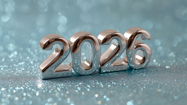 Silver numbers 2026 on sparkling blue background  