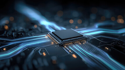A close-up view of a microchip on a circuit board. Blue light trails emanate from the chip, highlighting the intricate connections and technology.