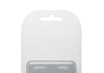 Blank white blister pack packaging with hanging tab isolated on transparent background