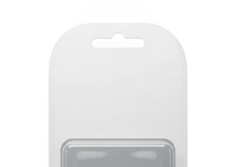 Blank white blister pack packaging with hanging tab isolated on transparent background