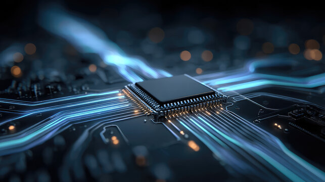 A close-up view of a microchip on a circuit board. Blue light trails emanate from the chip, highlighting the intricate connections and technology.