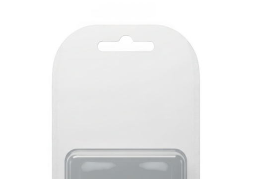 Blank white blister pack packaging with hanging tab isolated on transparent background