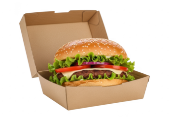 Juicy hamburger in a takeaway box isolated on transparent background