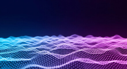 Abstract digital landscape with neon color gradient and connected dots on a dark background