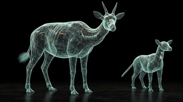 Transparent digital deer and fawn showcasing intricate internal designs against a dark background